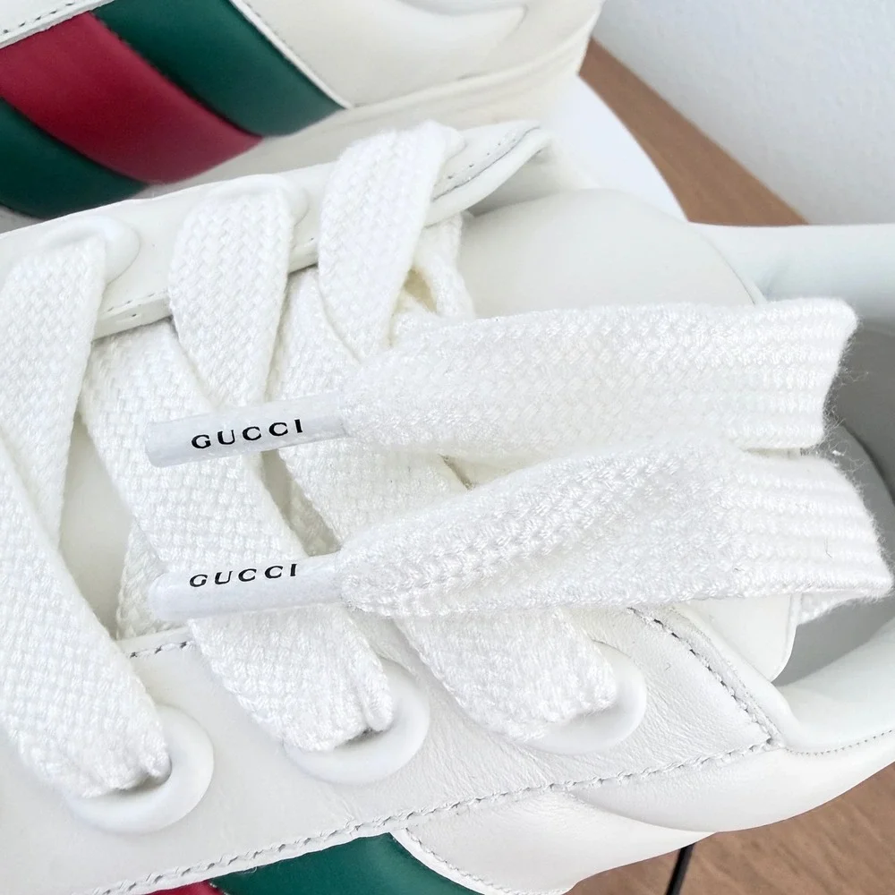 Gucci Ace White Leather Web Stripe Sneakers Green Croc Heel 791394 Mens UK 9